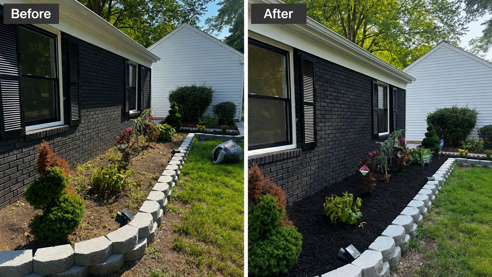 Before and after: side bed transformed with fresh black mulch, new plantings, and clean edging